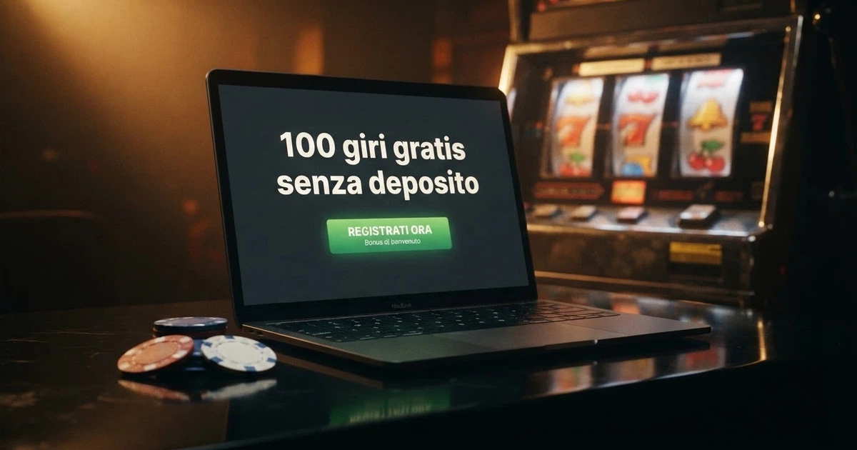 La schermata di un casinò online ADM con la scritta «100 giri gratis senza deposito» in evidenza su sfondo scuro, chip e rulli di slot in primo piano