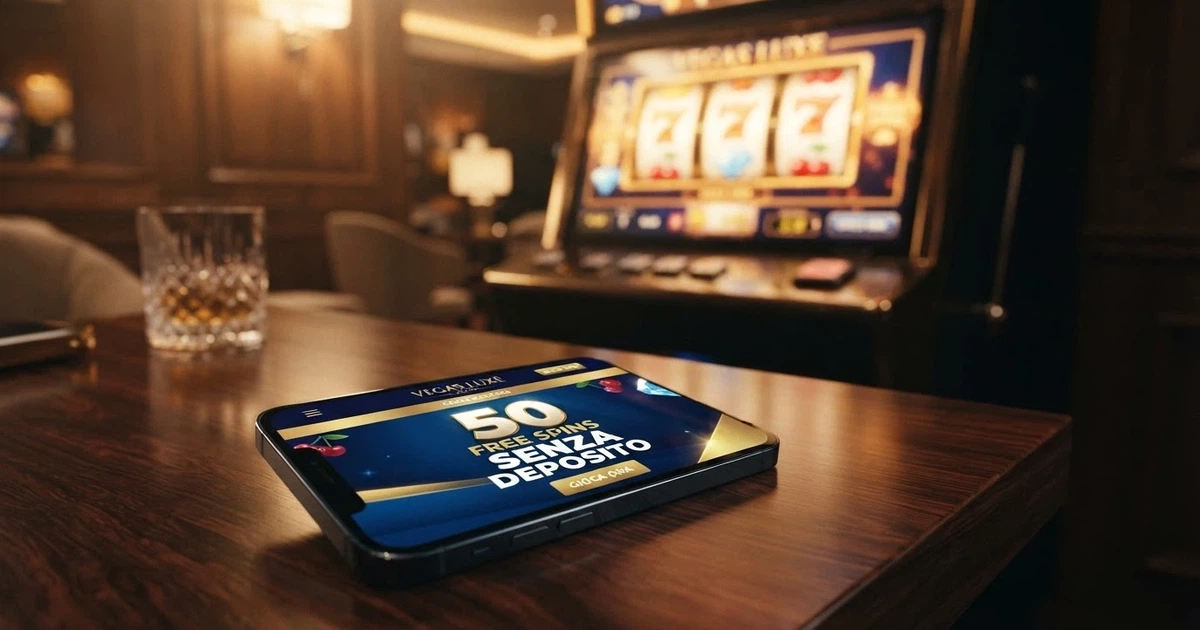 Uno schermo di casinò online che mostra una schermata promozionale con la dicitura «50 free spins senza deposito» e slot machine in evidenza