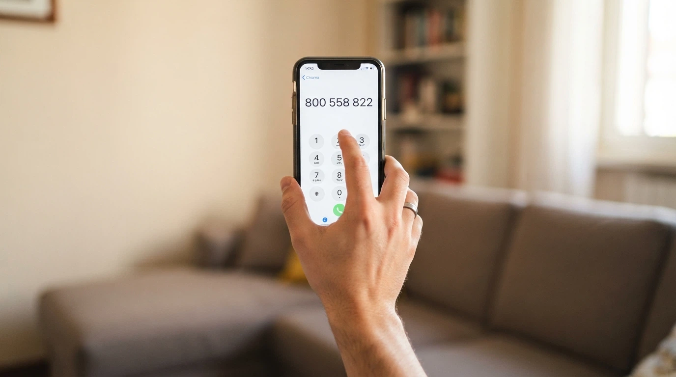 Una mano che compone il numero 800 558 822 su un telefono, con il logo dell'Istituto Superiore di Sanità sullo sfondo