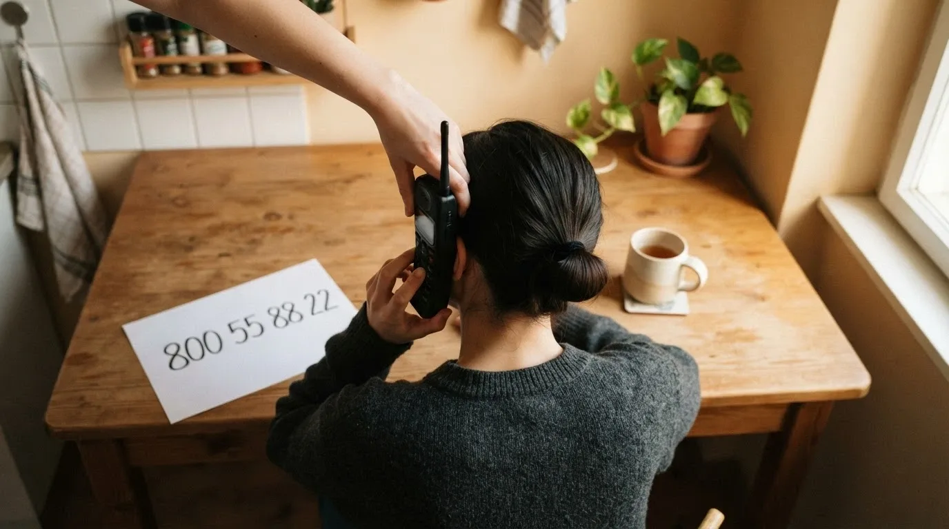 Primo piano di una persona al telefono con a fianco un foglio su cui è scritto il numero verde 800 55 88 22