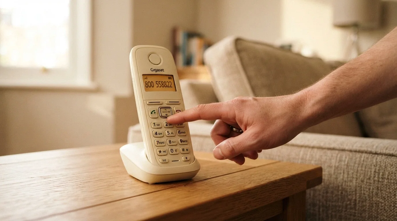 Una mano che compone un numero su un telefono fisso, con il numero 800 558822 visibile sul display