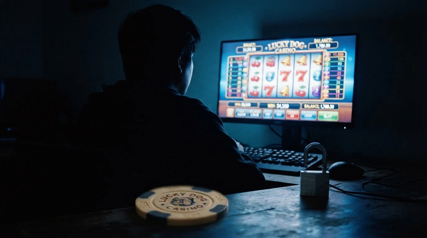 Una sagoma stilizzata senza volto davanti a uno schermo con slot machine, un lucchetto aperto e il logo DOGE in primo piano