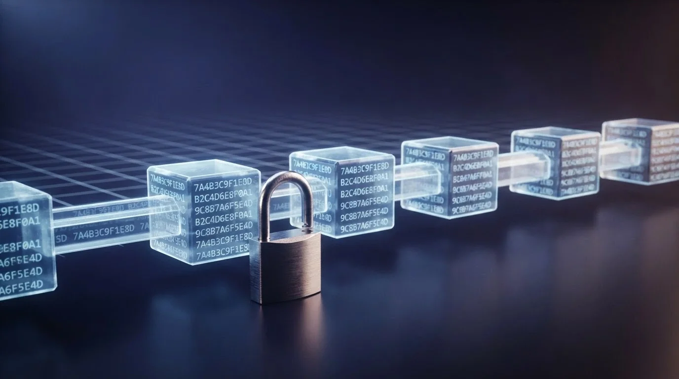 rappresentazione della blockchain Ethereum con transazioni visibili e un lucchetto aperto a indicare la pseudonimia, non l'anonimato