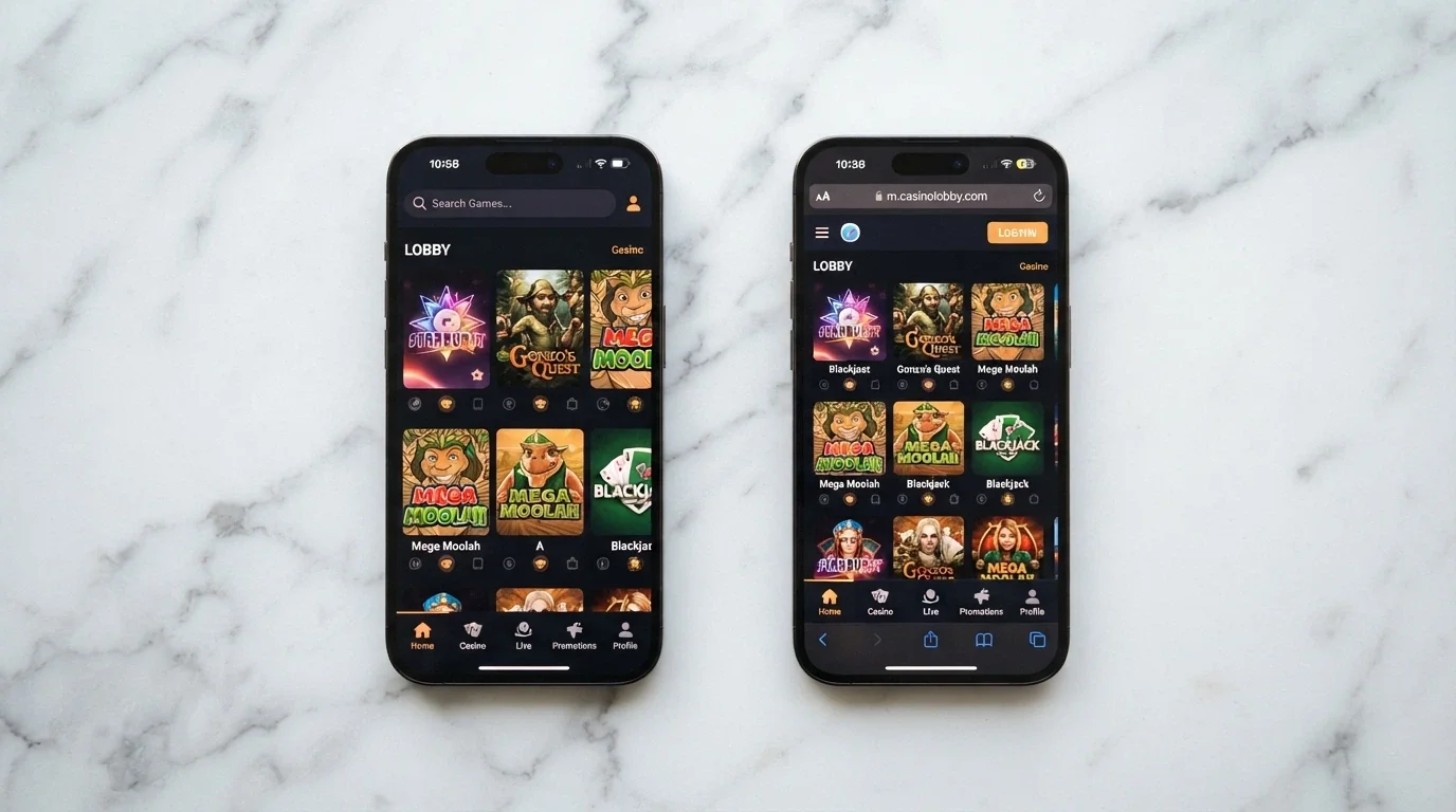 Confronto affiancato tra un'app casinò nativa su iPhone e la stessa piattaforma aperta nel browser Safari mobile
