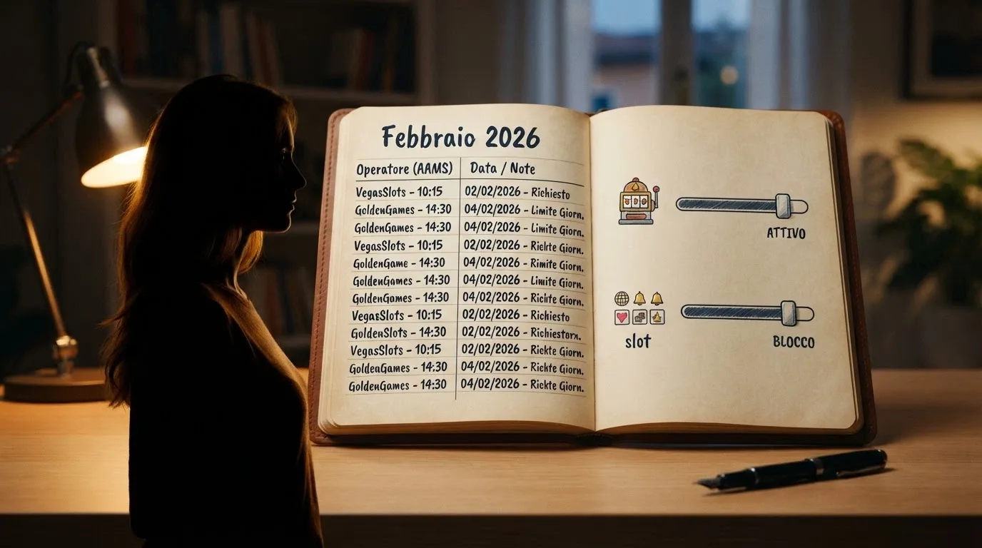 Un calendario aperto su febbraio 2026 con due cursori affiancati: uno seleziona «singolo operatore», l'altro «categoria di gioco», mentre sullo sfondo una silhouette umana è parzialmente illuminata invece che completamente oscurata