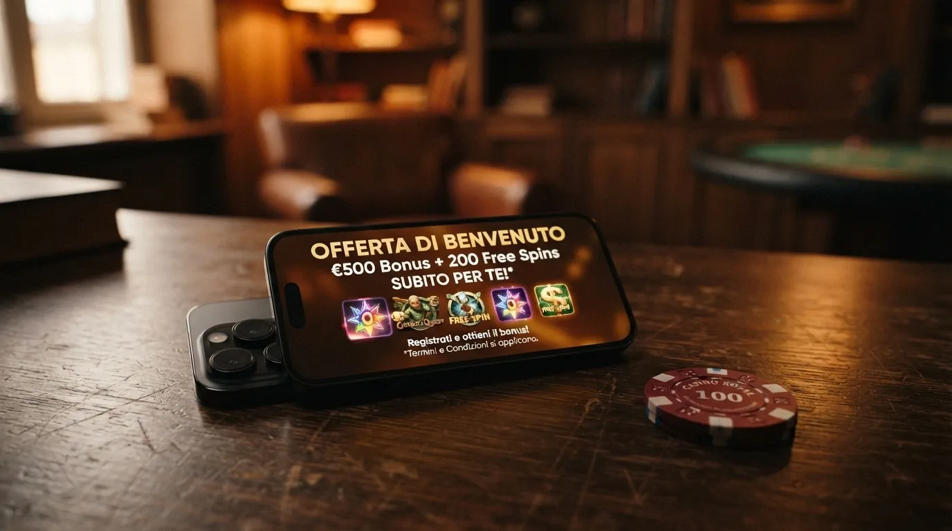 Un iPhone con la schermata di benvenuto di un casinò che mostra un'offerta bonus con giri gratis e l'asterisco dei termini e condizioni