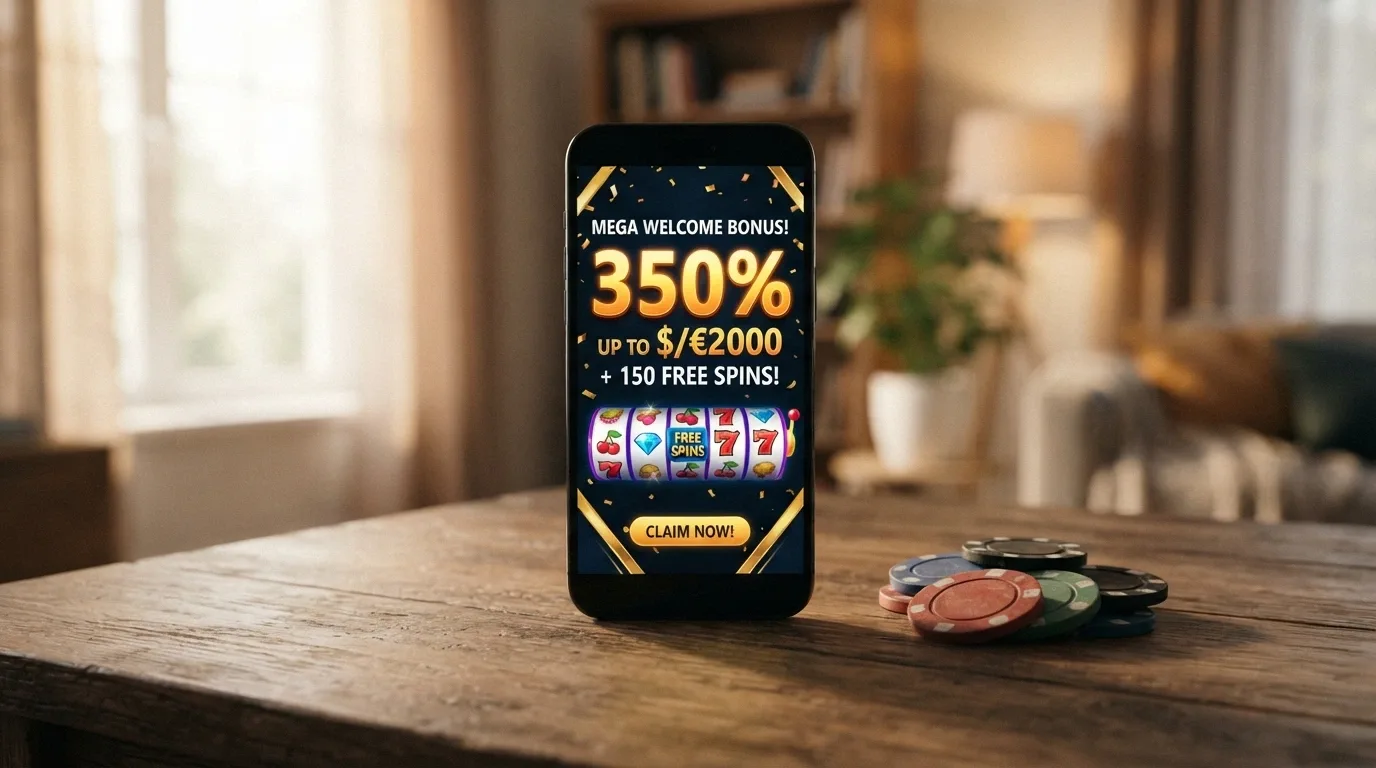 schermata promozionale di un casinò non AAMS con un'offerta di benvenuto in percentuale e giri gratis
