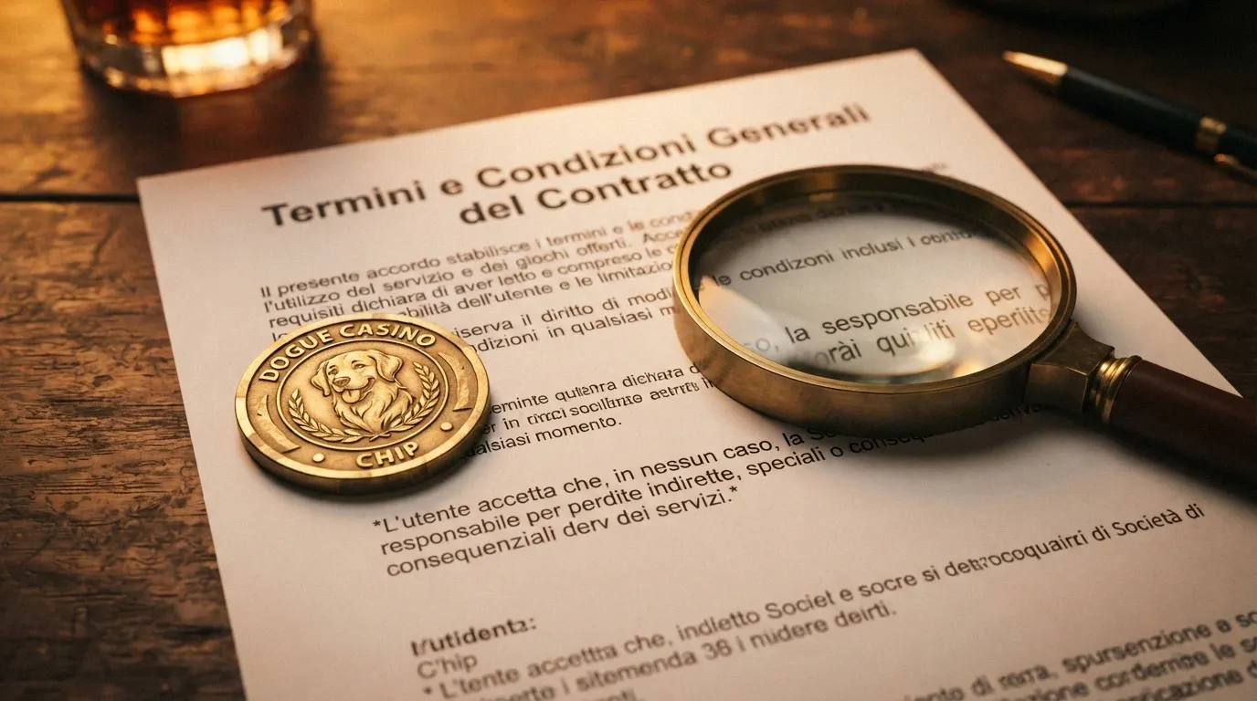 Una moneta dorata con il logo DOGE impilata su un contratto con una lente di ingrandimento che ne evidenzia le clausole in piccolo