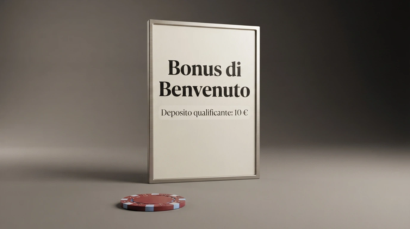 Un pannello promozionale stilizzato con la scritta «Bonus di Benvenuto» e in primo piano un cartellino con «Deposito qualificante: 10€» separato da una moneta da 1 euro isolata più in basso