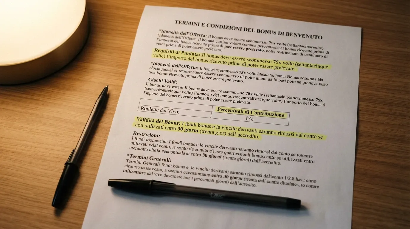 Primo piano dei termini e condizioni di un bonus di benvenuto con evidenziati il requisito di puntata, la contribuzione live e la data di scadenza