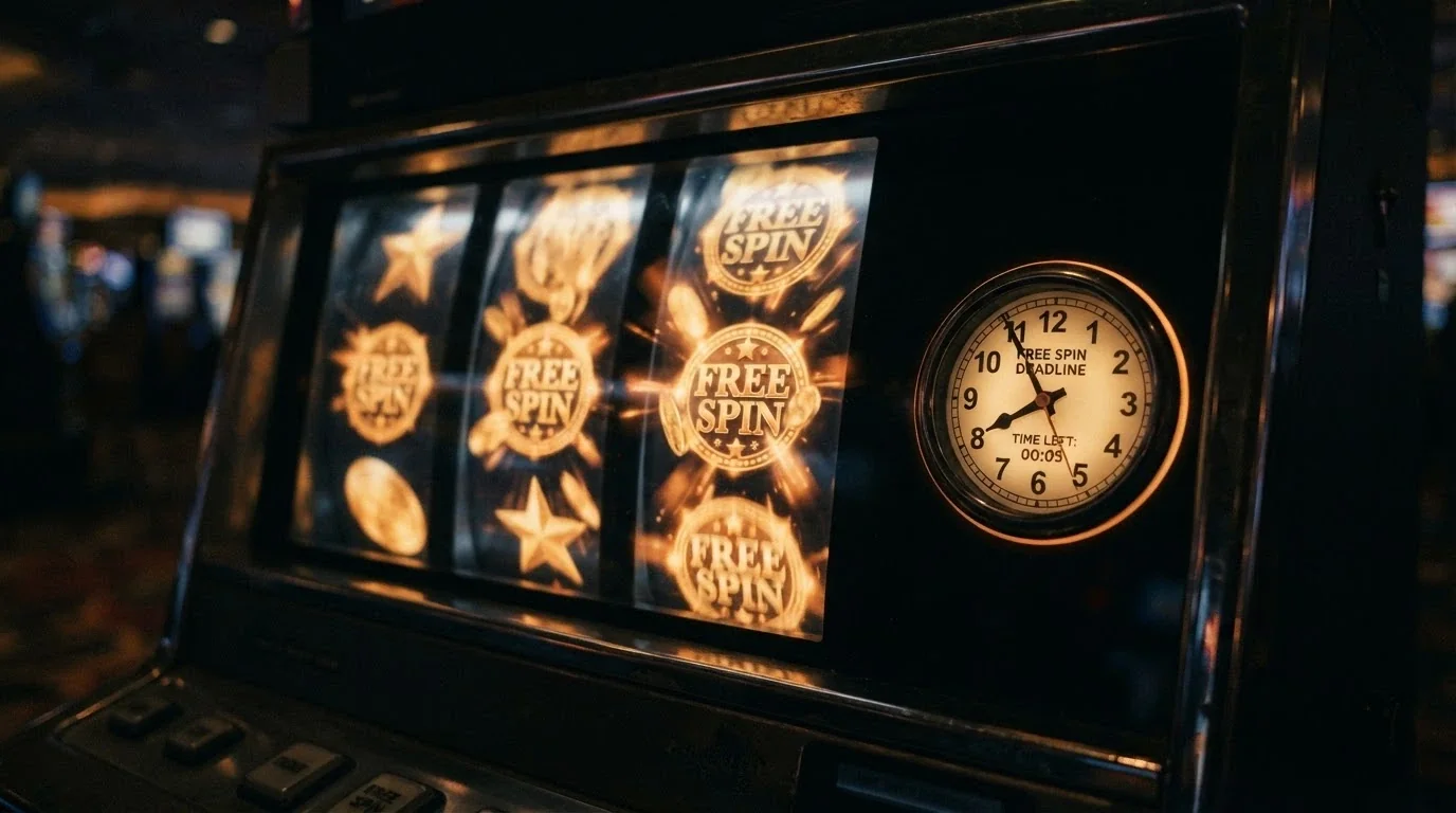 Una slot machine con un nastro di giri gratuiti che scorre e un piccolo orologio accanto che indica il countdown della validità, su sfondo scuro con effetto profondità