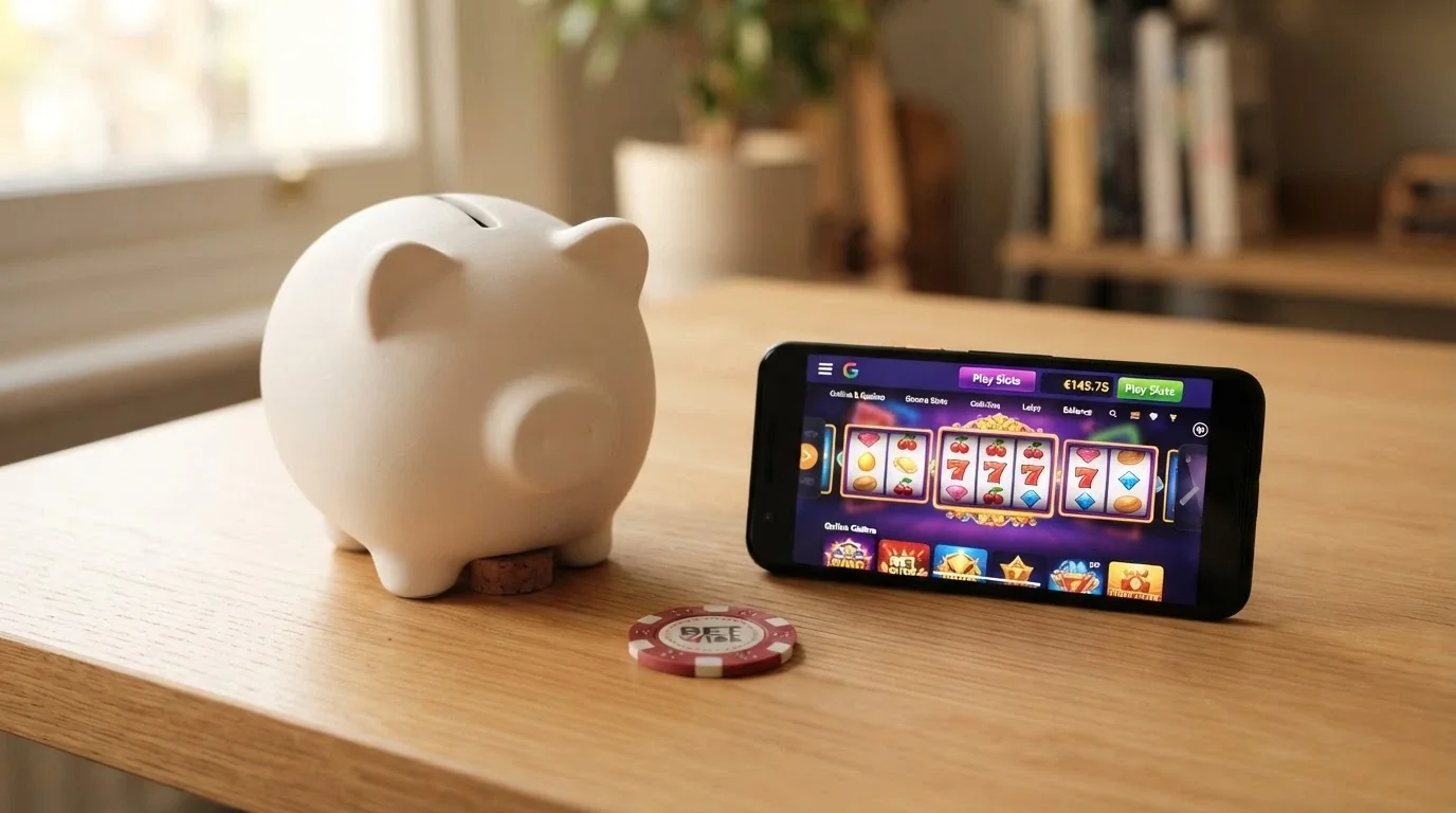 Un salvadanaio in ceramica accanto a uno smartphone che mostra l'interfaccia di un casinò online autorizzato