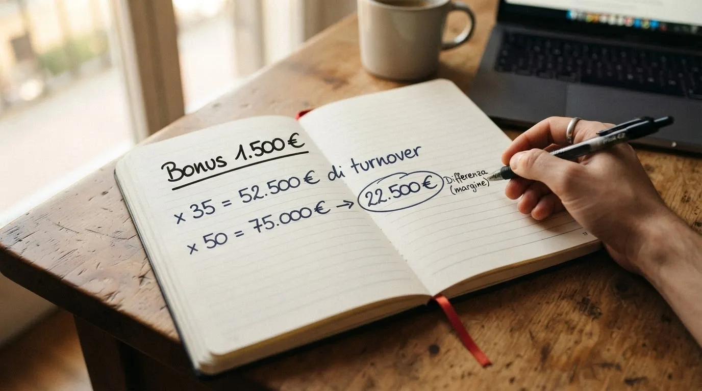 Un blocco note con una calcolatrice accanto, su cui sono scritti importi di bonus, moltiplicatori di wagering e il totale del turnover richiesto