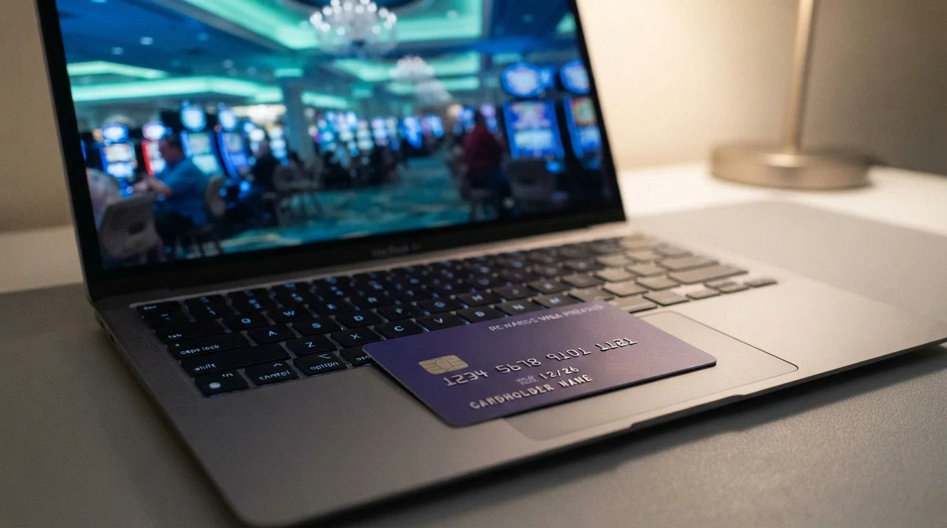 Una carta PostePay Evolution appoggiata su una tastiera con lo schermo di un casinò sullo sfondo