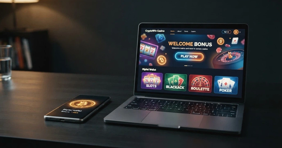 Un wallet Bitcoin sullo schermo di uno smartphone accanto alla homepage di un casinò online, su sfondo scuro