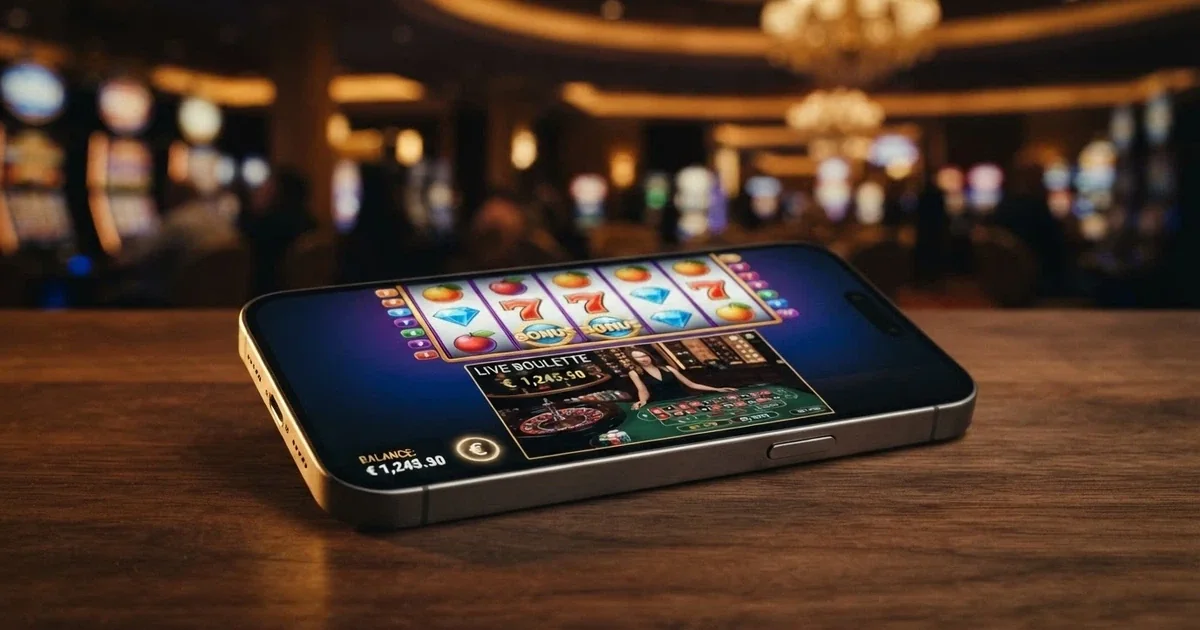 Un iPhone con lo schermo che mostra l'interfaccia di un'app casinò con slot colorate e un tavolo da live dealer in primo piano