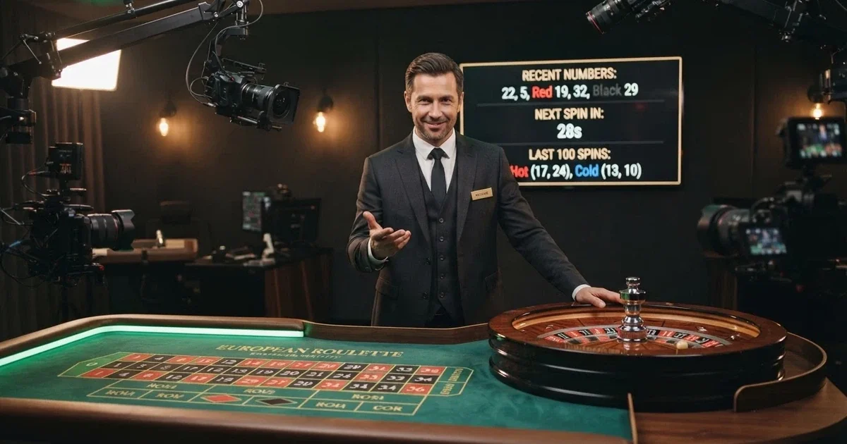 Un croupier in smoking davanti a un tavolo da roulette in uno studio professionale illuminato, con telecamere HD puntate sul tavolo e l'interfaccia di gioco visibile su uno schermo