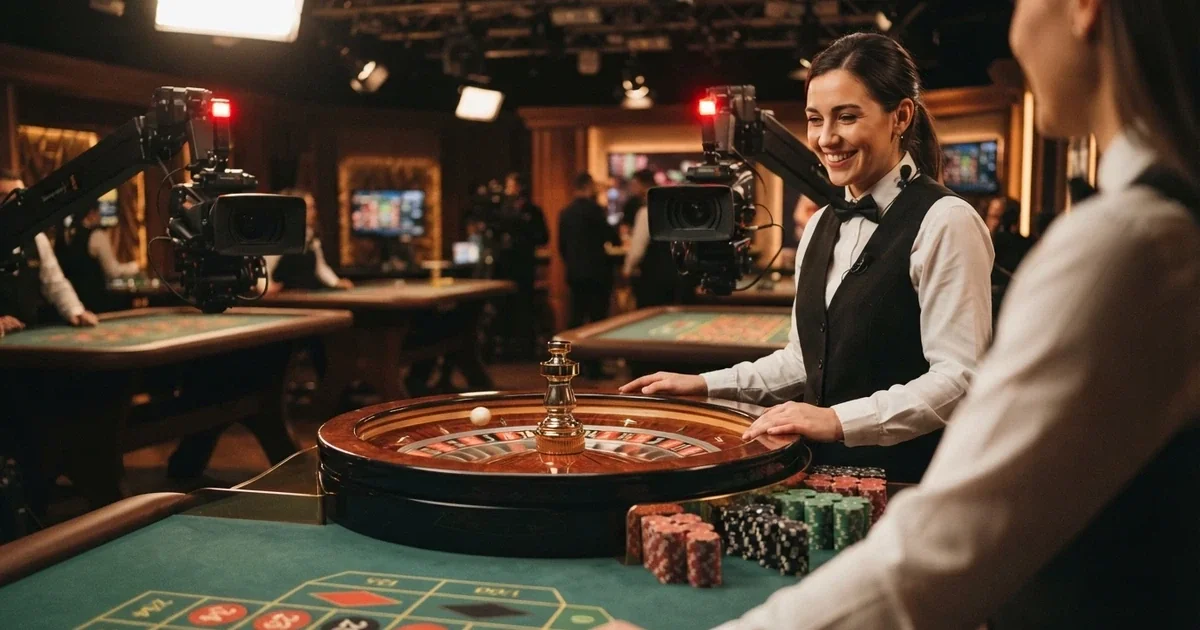 Un croupier dal vivo sorridente dietro un tavolo da roulette in uno studio professionale con illuminazione teatrale e telecamere HD
