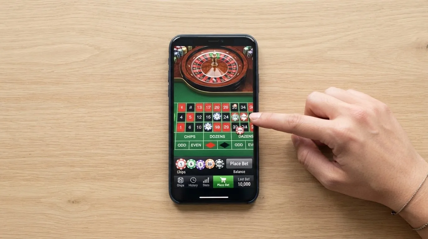 Uno smartphone in mano con l'interfaccia di un tavolo live aperta, la roulette in streaming e i pulsanti di puntata touch ben visibili sullo schermo