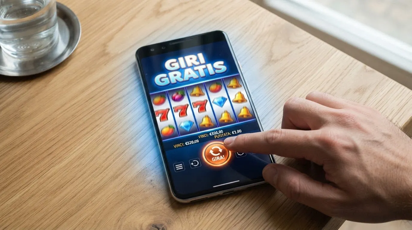 Uno smartphone in orizzontale con i rulli di una slot attiva, la scritta «free spins» sul display e una mano che tocca lo schermo
