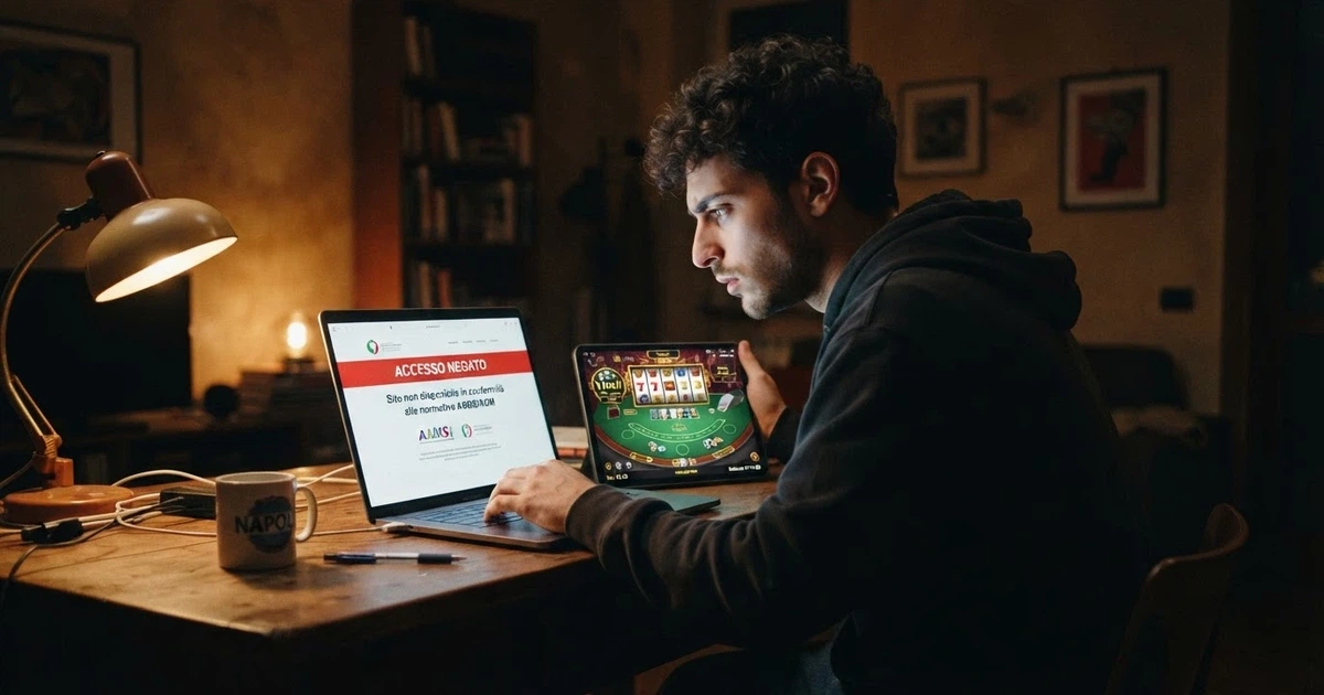 Un giocatore italiano seduto davanti allo schermo di un computer con una schermata di blocco che mostra il logo ADM e la scritta «accesso negato», mentre su un secondo dispositivo aperto compare un'interfaccia di casinò online con licenza estera