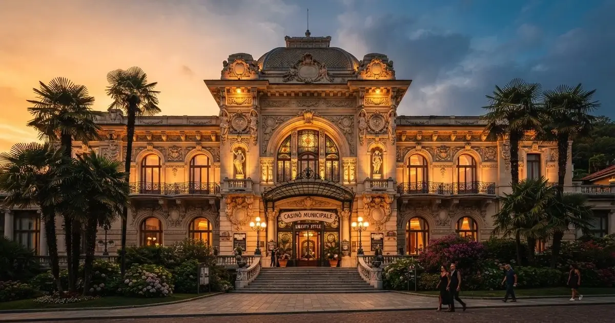 La facciata Liberty del Casinò di Sanremo illuminata al tramonto, con palme e giardini in primo piano