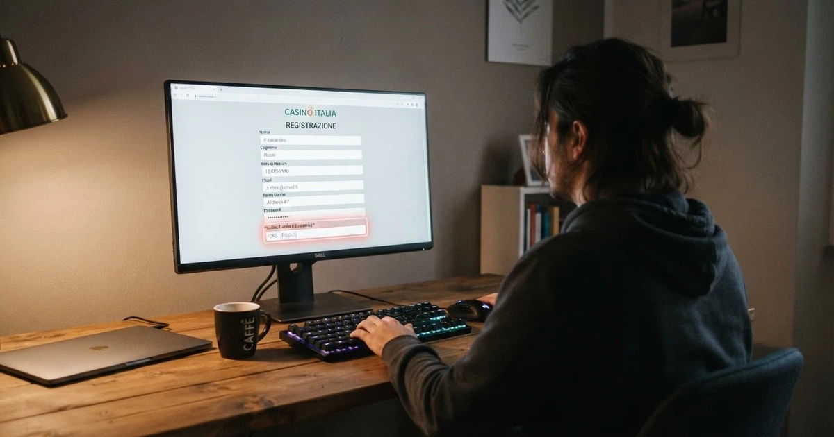 Un giocatore seduto davanti allo schermo di un computer con la pagina di registrazione di un casinò online aperta e il campo «codice fiscale» evidenziato in rosso