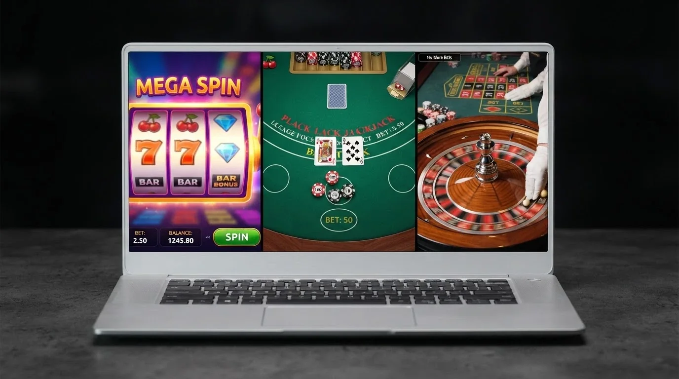 Una schermata di casinò divisa in tre sezioni: slot colorate a sinistra, un tavolo di blackjack al centro, una roulette live con croupier a destra