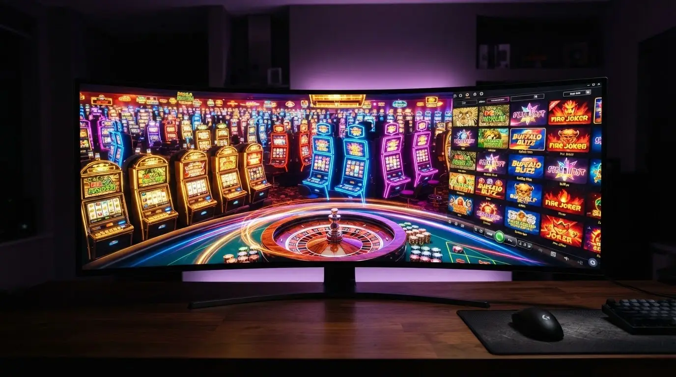 Una lobby di casinò online con slot, tavoli live e una ruota della roulette in primo piano