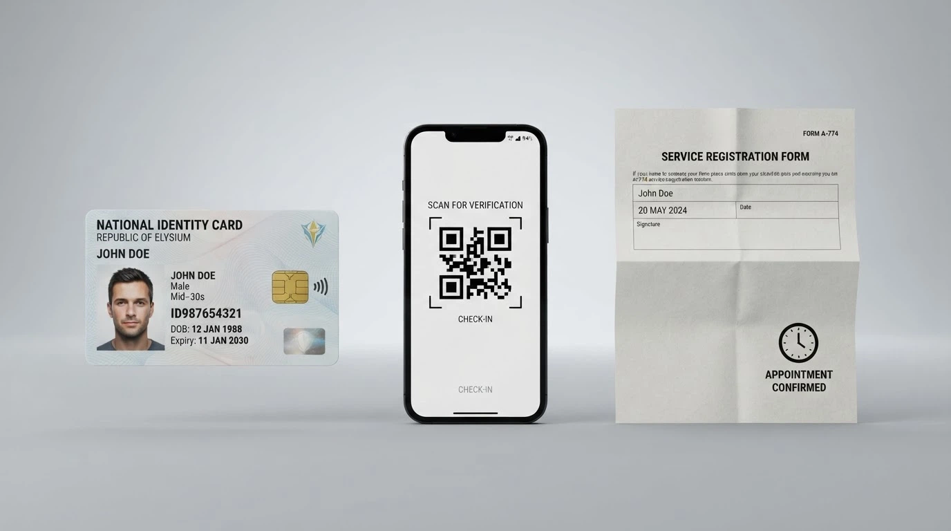 Tre percorsi di registrazione a confronto: icona CIE con NFC, icona SPID con QR code, icona modulo cartaceo con orologio