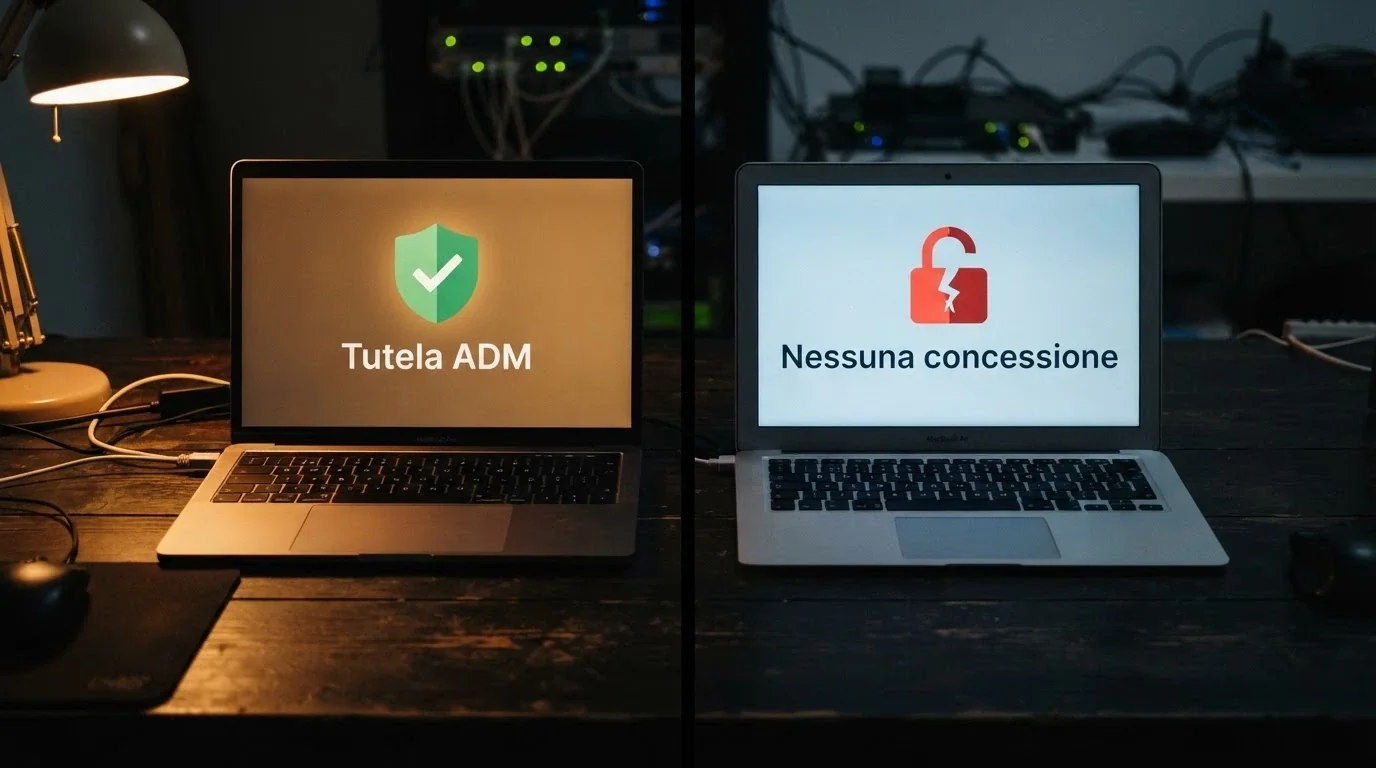 Un documento ufficiale stilizzato con il logo ADM e un timbro «Concessione GAD», affiancato da uno schermo con un lucchetto aperto e la scritta «Nessuna concessione»