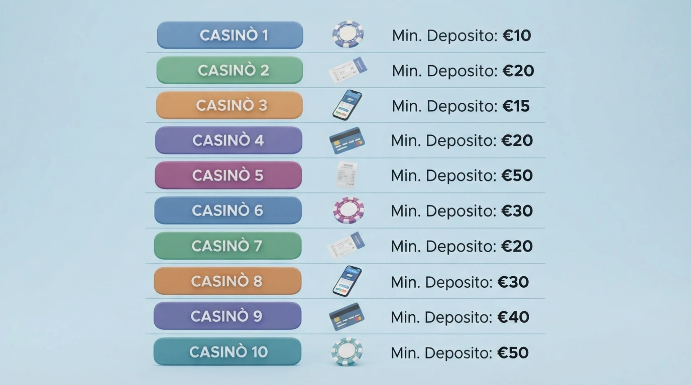 Una tabella comparativa stilizzata con dieci loghi di casinò in colonna e accanto a ciascuno l'icona del metodo di pagamento che raggiunge la soglia più bassa