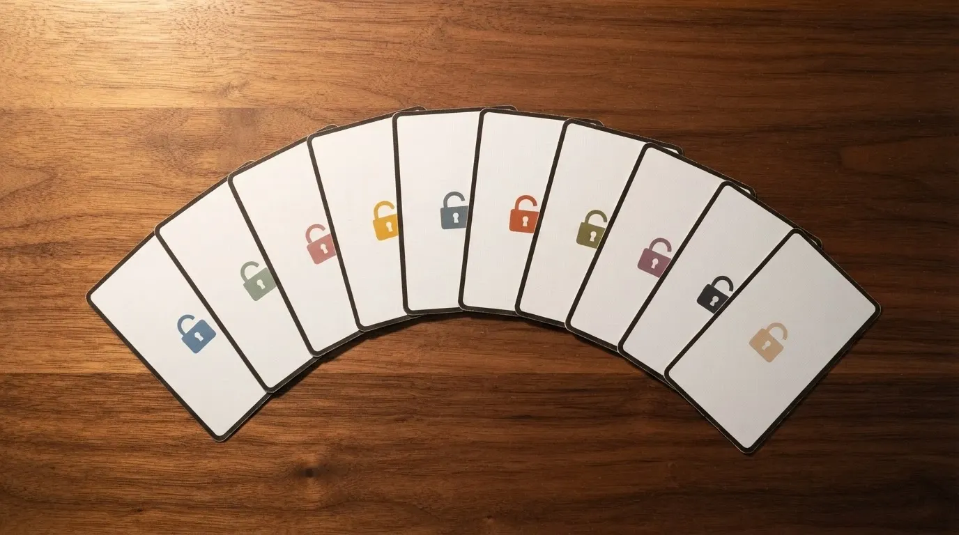 Una vista dall'alto di un tavolo con dieci carte disposte a ventaglio, ciascuna con il logo stilizzato di un diverso operatore ADM e una piccola icona di un lucchetto aperto