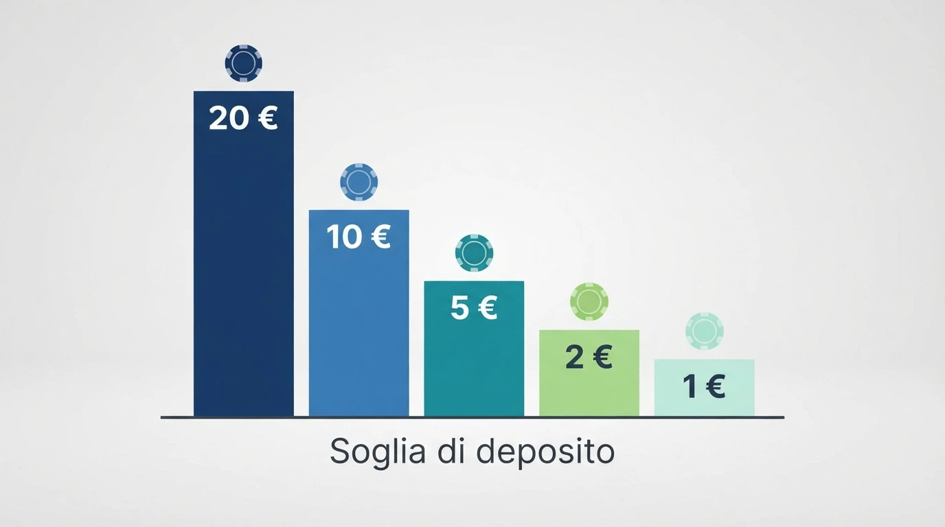 Una griglia con dieci loghi di casinò ADM disposti in due file da cinque, ciascuno con una piccola etichetta che indica la soglia minima (1€, 5€, 10€)