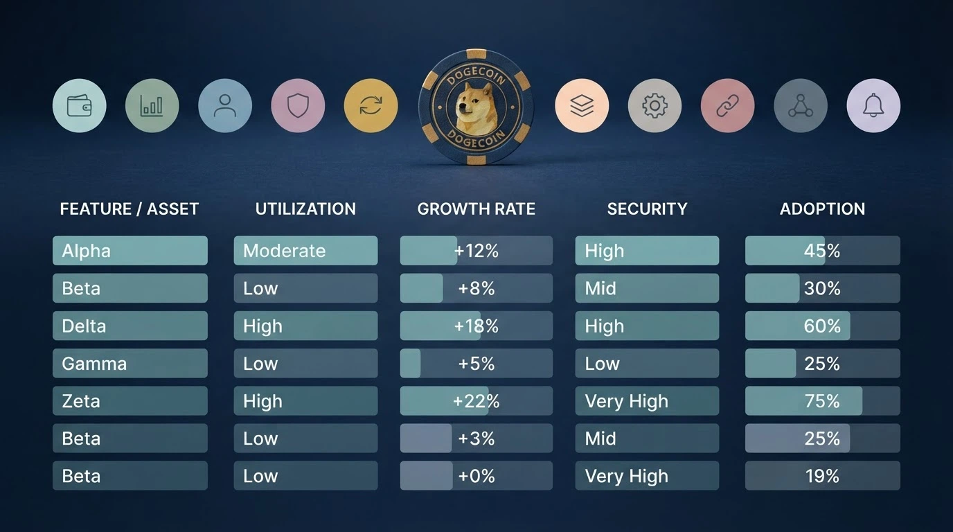 Una fila di icone di criptovalute con Dogecoin in evidenza, disposte sopra una tabella comparativa stilizzata