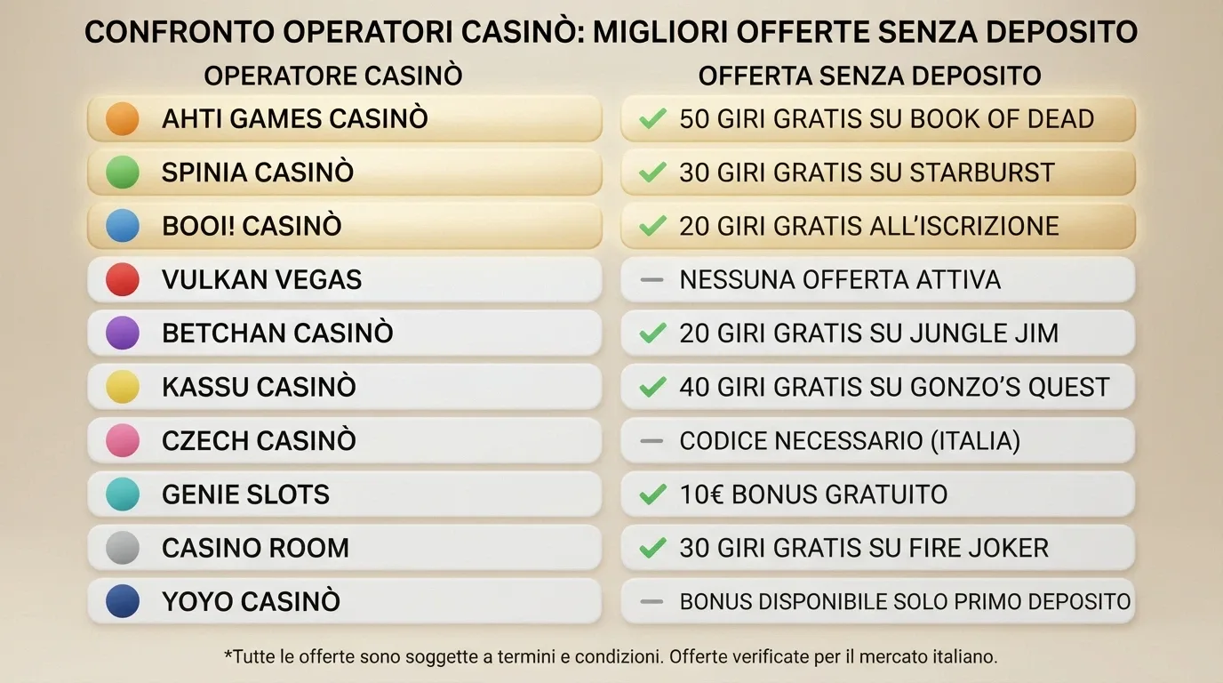 Una griglia comparativa stilizzata con loghi di casinò italiani e le rispettive condizioni dell'offerta senza deposito