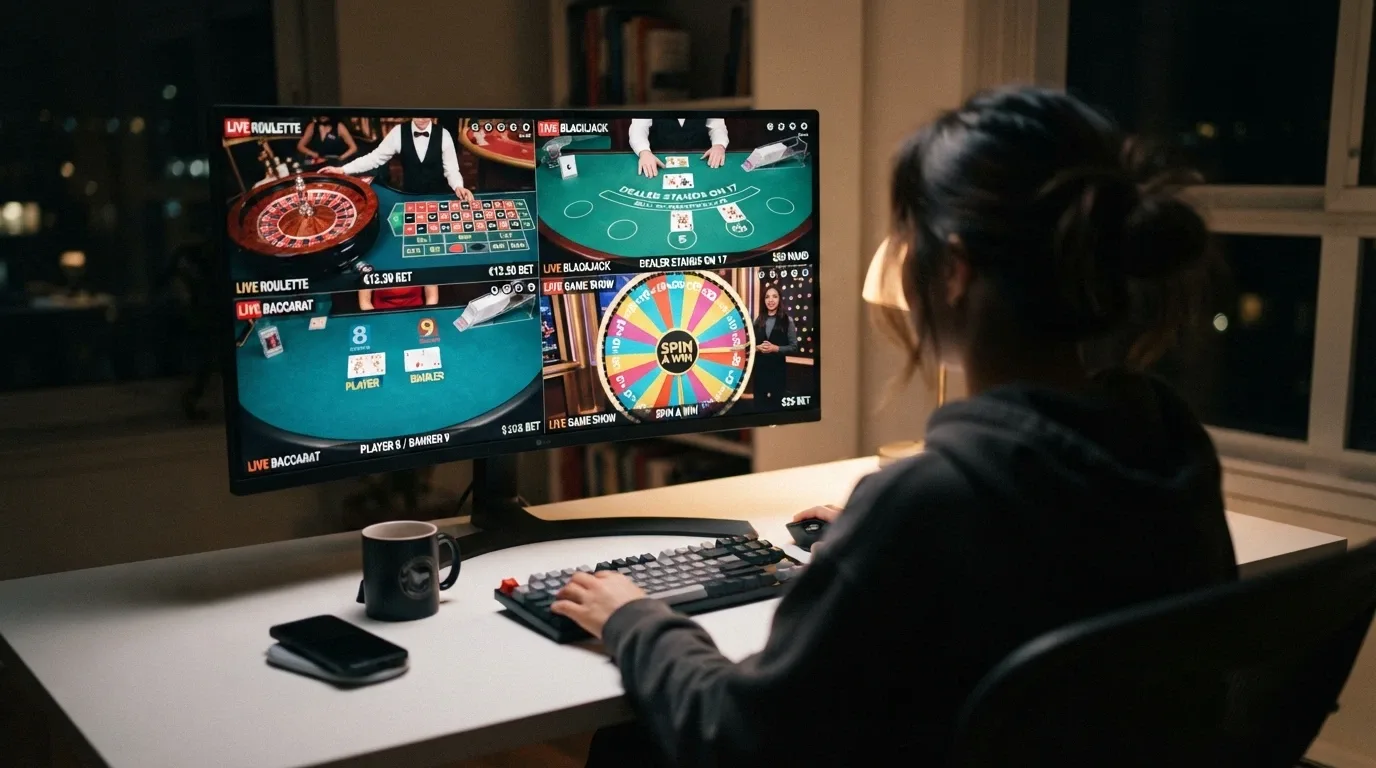 Una composizione che mostra diversi studi di casinò dal vivo affiancati, con dealer, tavoli e interfacce di operatori diversi, evidenziando le differenze di allestimento e qualità