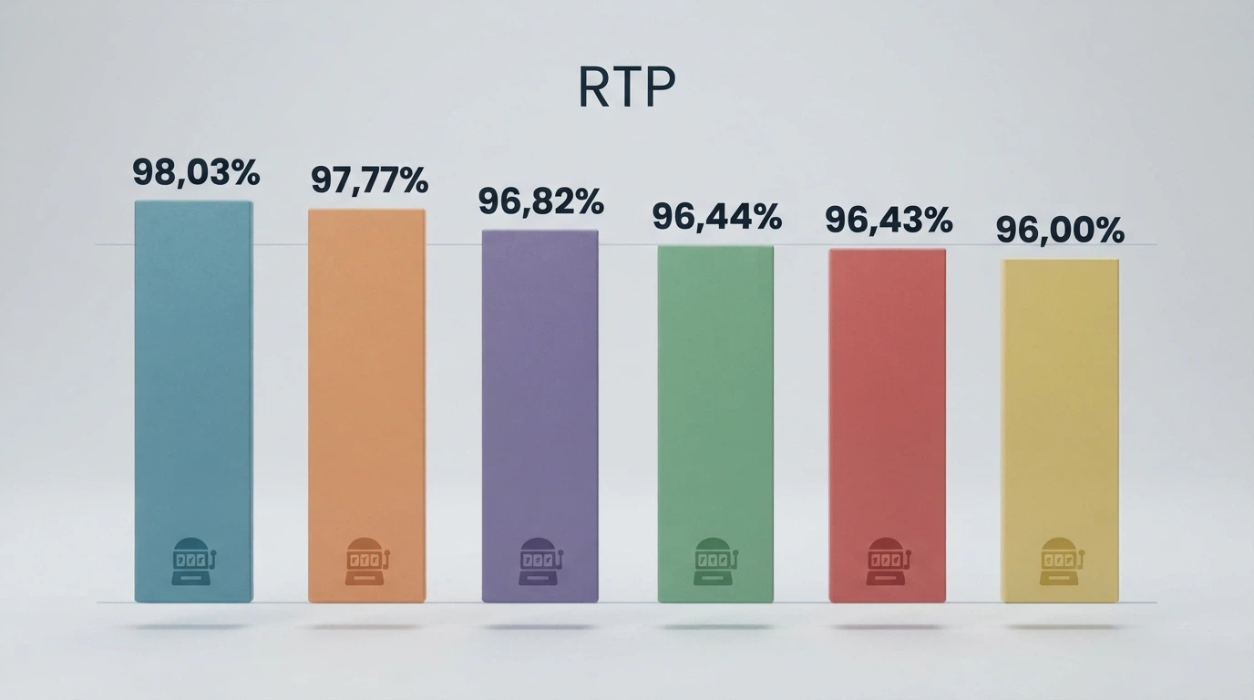 Grafico a barre con le percentuali RTP delle sei slot BTG documentate, da Madame Mystique (98,03%) a Lil Devil (96,43%)