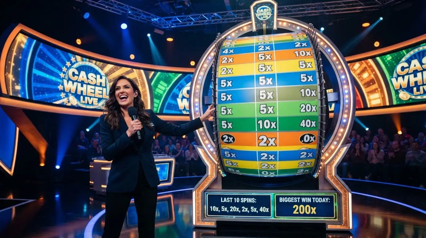 La ruota di Crazy Time in primo piano nello studio Evolution, con il presentatore accanto e i segmenti colorati con moltiplicatori visibili, schermi con statistiche sul fondo