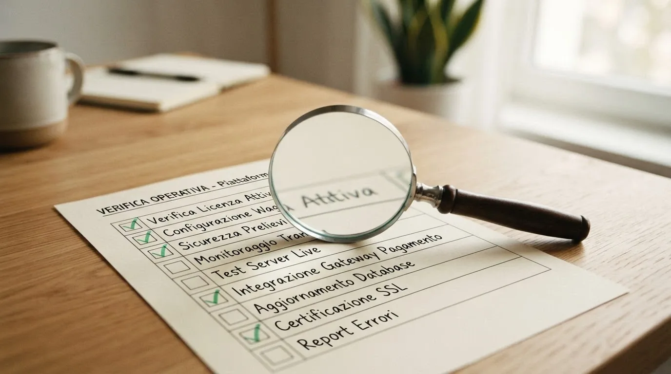 Una lente di ingrandimento su una lista di controllo con voci come licenza, wagering e prelievi