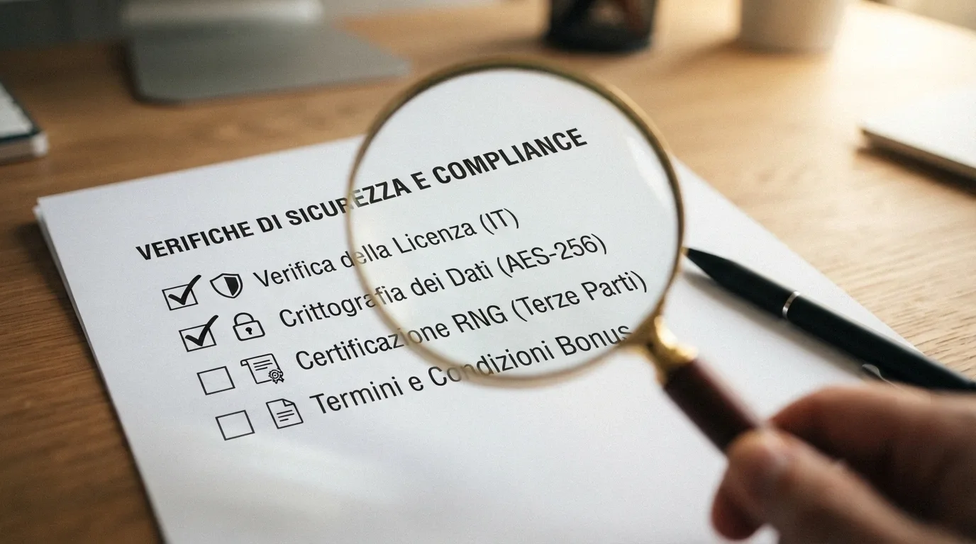 Una lente di ingrandimento su una lista di criteri: licenza, certificazione RNG, presenza in lista nera ADM, trasparenza termini bonus