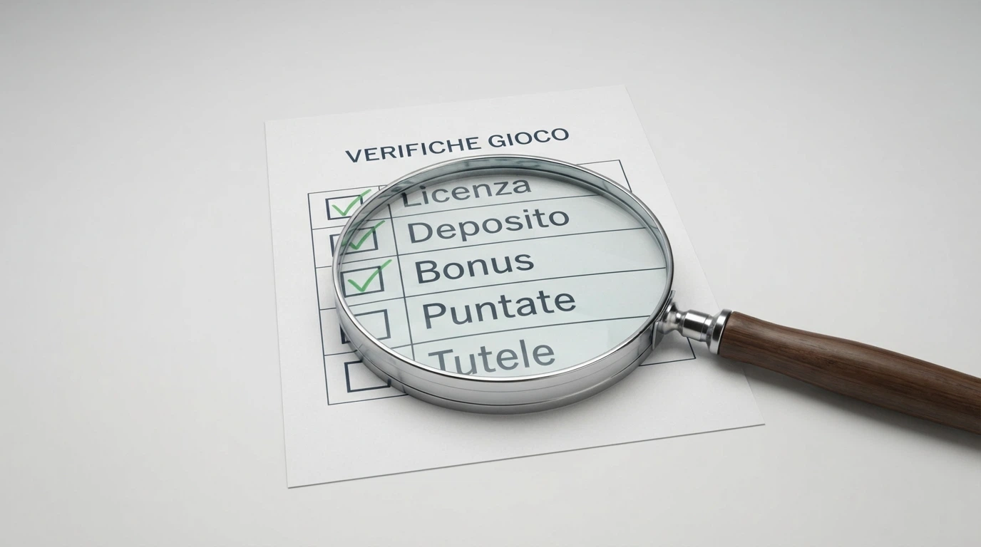 Una lente di ingrandimento su una lista di controllo con voci come Licenza, Deposito minimo, Bonus, Wagering