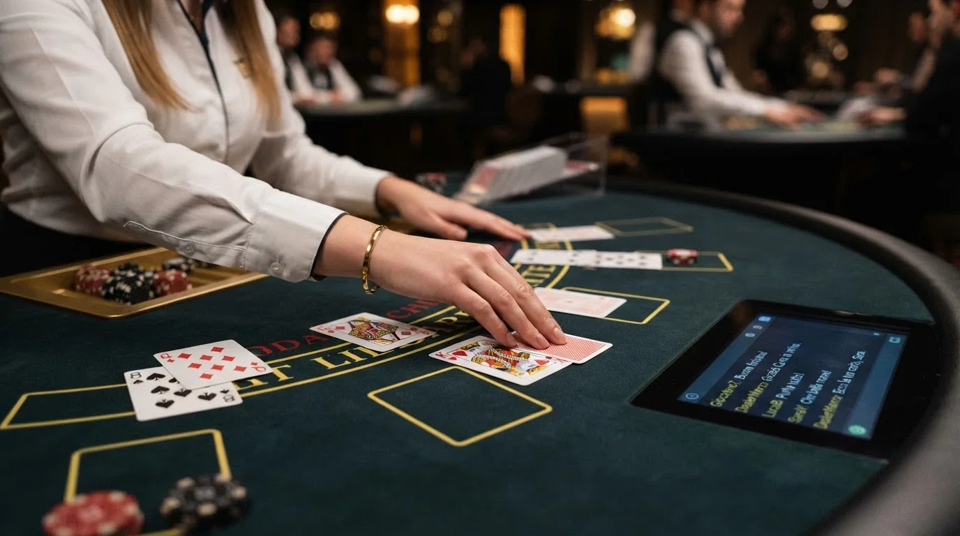 Un croupier sorridente che interagisce tramite chat con i giocatori, primo piano sulle mani che distribuiscono le carte su un tavolo da blackjack, con lo schermo della chat visibile