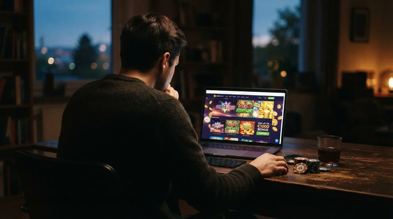 Un giocatore seduto davanti allo schermo del computer con un'espressione riflessiva, la pagina promozionale di un casinò sullo sfondo