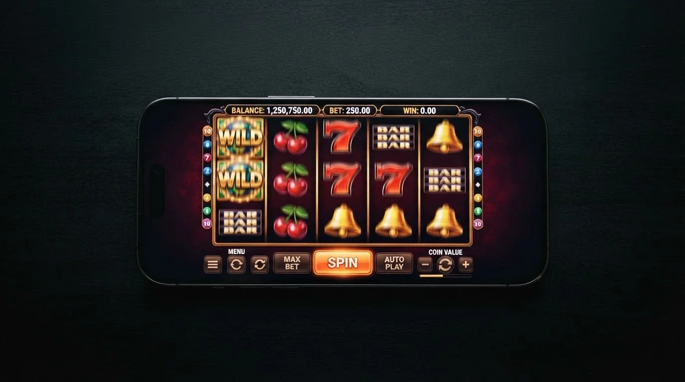 Un primo piano dello schermo di uno smartphone con una slot machine in esecuzione in modalità demo, il contatore del saldo virtuale ben visibile e la grafica nitida