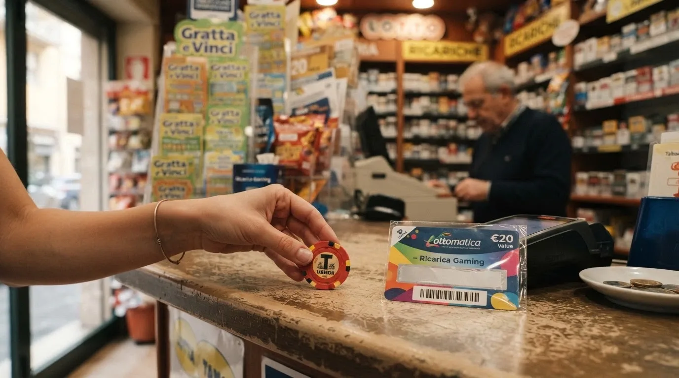 Una mano appoggia una banconota da 5 euro sul bancone di una tabaccheria italiana, accanto un terminale SisalPay e una carta Paysafecard ancora da grattare