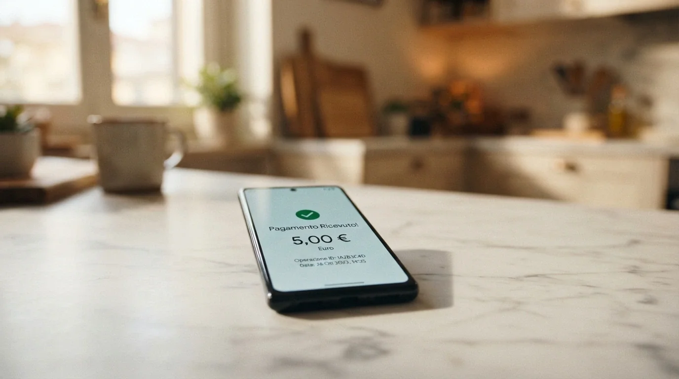 Uno smartphone con lo schermo che mostra l'interfaccia di pagamento PayPal con l'importo di 5€ e il logo di un casinò ADM sullo sfondo