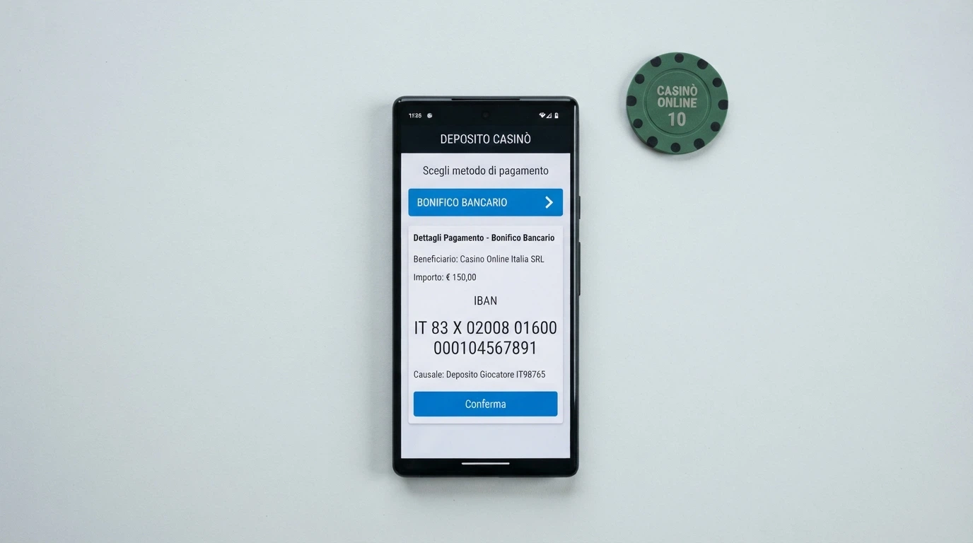 Schermata della sezione deposito di un casinò ADM con l'opzione bonifico bancario selezionata e l'IBAN di destinazione