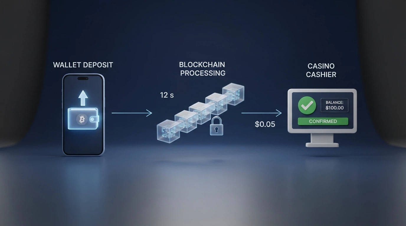 schema del flusso di un deposito in ETH: wallet personale → blockchain → indirizzo del casinò, con l'indicazione dei tempi di conferma