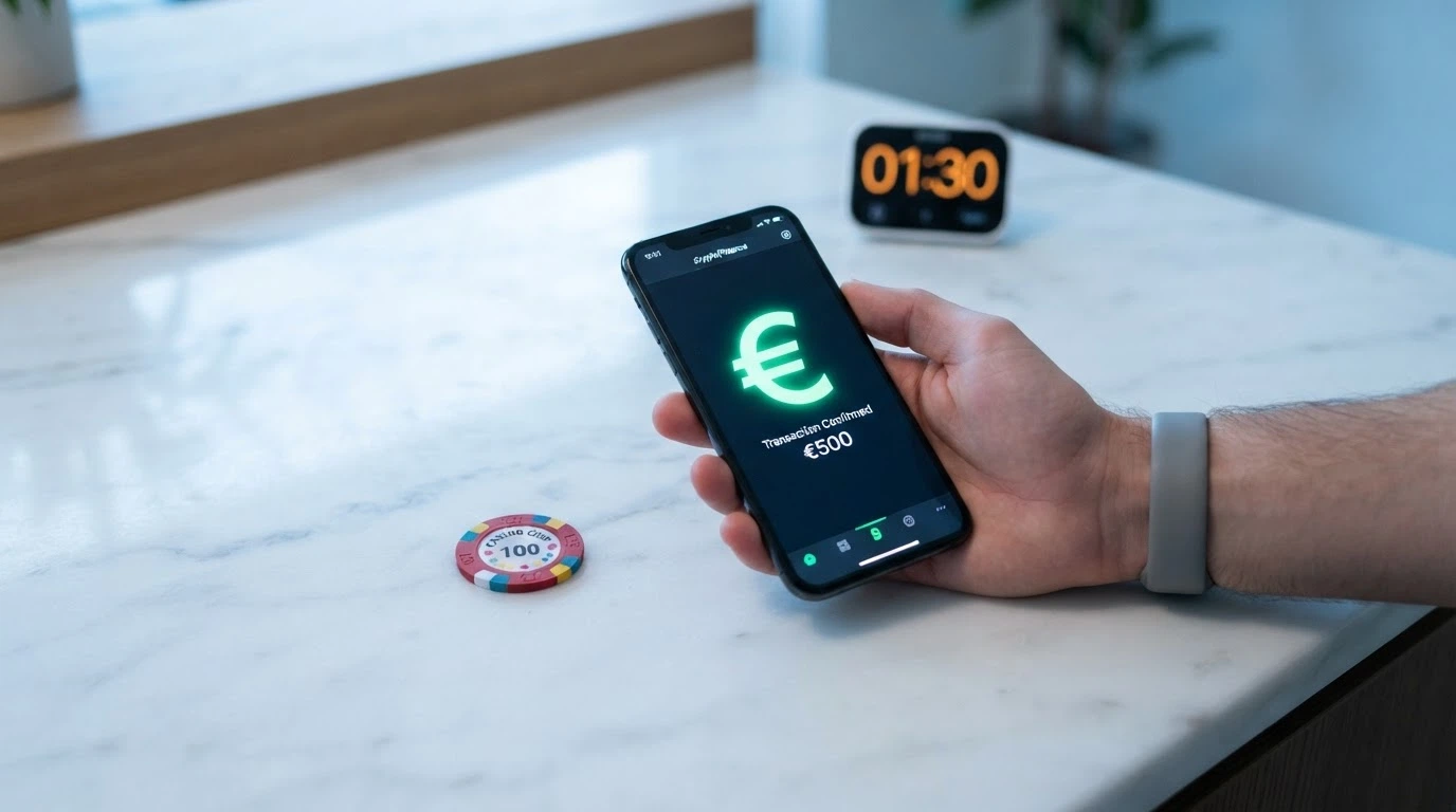 Una freccia che va da un wallet Dogecoin a un chip da casinò e ritorno, con un cronometro digitale che segna 00:01:30